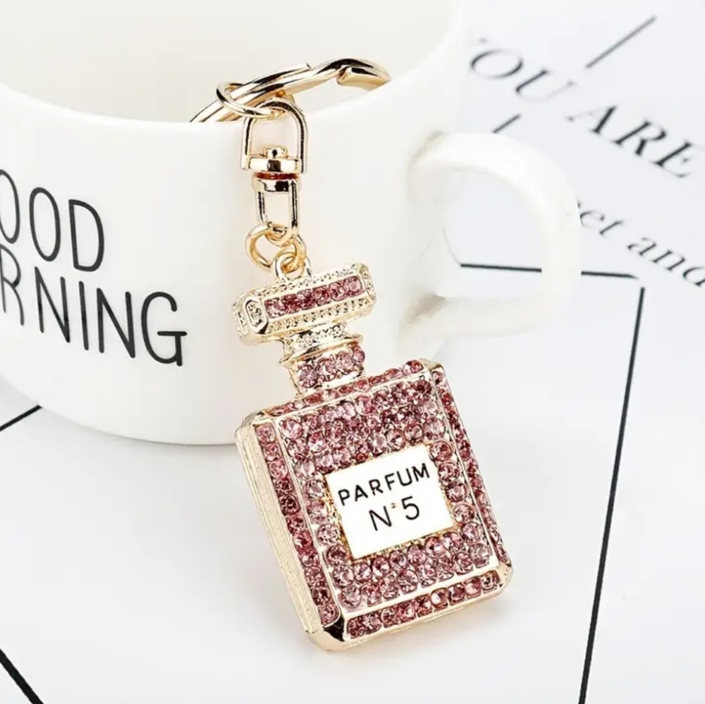 Parfum Keychains No. 5 Gold Cubic Zirconia Cute Purse Charm Accessories - Picture 3 of 7